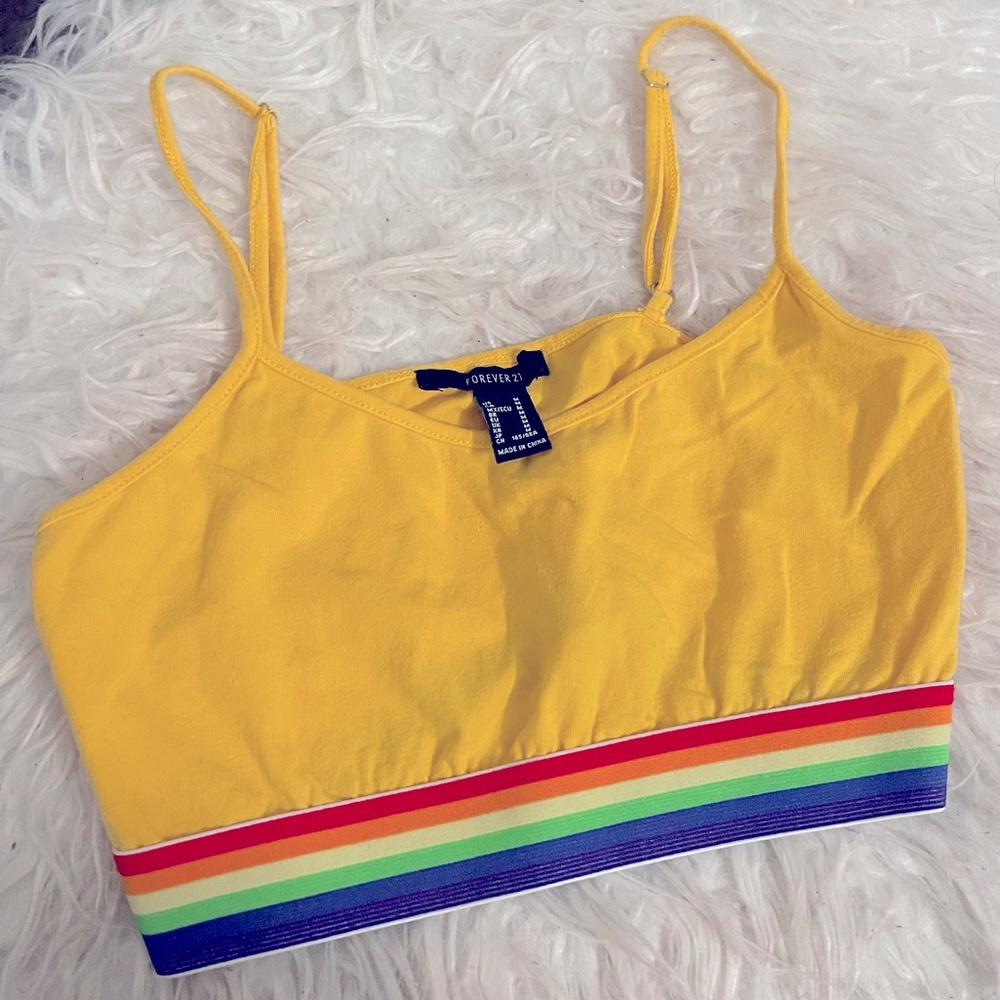 NWOT F21 Yellow Rainbow Trim Crop Top
